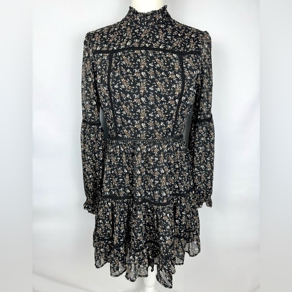 Aqua Ditsy Floral Black Dress Ruffle High Neck Embroidery Small Whimsigoth Boho - Picture 4 of 16